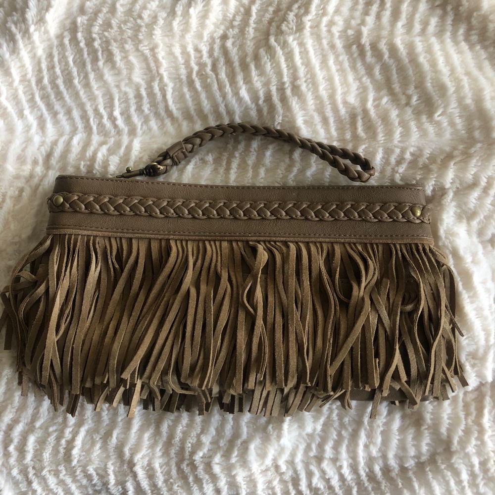 Tan fringe & braided clutch/wristlet
